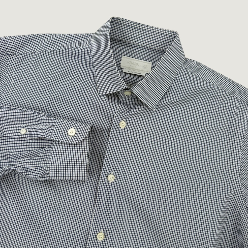 Prada Milano Button Down Shirt Mens 40 15.75 / Medium Navy Micro Check Luxury